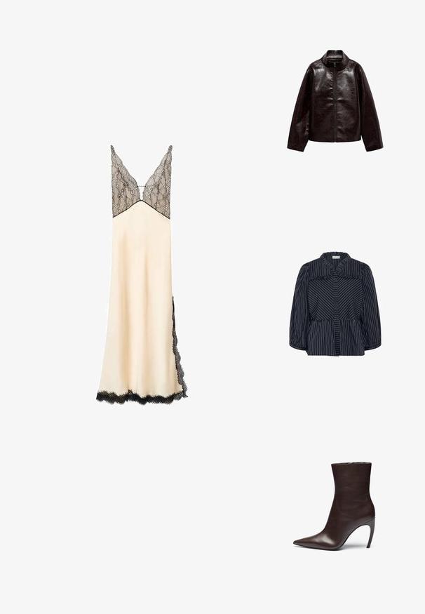 Hnědá koženka s vysokým límcem, plným zipem a hladkým, lesklým povrchem. Má uvolněný střih a dlouhé rukávy.; Námořnická pruhovaná blůza s širokým límcem, volánkovými okraji a balónovými rukávy. Obsahuje svislé bílé pruhy a dobře padnoucí pas.; Satinová noční košile v krémové barvě s černou krajkovou částí a lemy. V- výstřih a nastavitelné ramínka. Po kotníky s krajkovými detaily po stranách.; Hnědé kožené kotníkové boty s špičatou špičkou, štíhlým siluetou a vysokým jehlovým podpatkem. Mají hladkou texturu a minimalistický design.; Černá kožená kabelka s zakřiveným designem, zlatými akcenty a horním uchem. Vybavena elegantním zavíráním a hladkým povrchem.