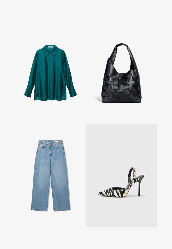 Brun faux læderjakke med høj krave, fuld lynlås lukning og en glat, blank overflade. Har en afslappet pasform og lange ærmer.; Teal satin skjorte med spidse kraver, lange ærmer og buet kant. Har knappelukning foran og en glat, blank overflade.; Lyseblå vide denimjeans med høj talje, fem lommer, knaplukning og diskret falmning for tekstur.; Spids-syntetiske slingback hæle i sort og creme zebra-mønster, med en slank høj hæl og åben bagdesign med en sort inderside.; Sort læder vævet tote taske med en slasket form og bred skulderrem. Har et tekstureret, sammenflettet design med en glat overflade.