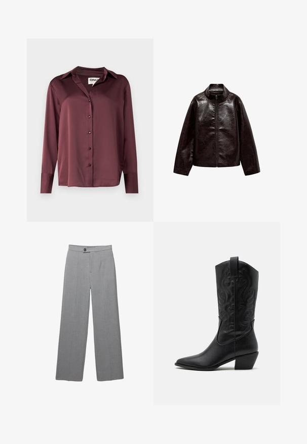 Hnedá umelá kožená bunda s vysokým golierom, plným zipsom a hladkou, lesklou textúrou. Má uvoľnený strih a dlhé rukávy.; Bordový hodvábny dlhý rukáv s golierom, prednými gombíkmi a hladkým povrchom. Má uvoľnený strih a zaoblený lem.; Šedé upravené nohavice s širokými nohavicami, plochým predkom a jemnou textúrou. Obsahujú jediné zapínanie na gombík a čisté línie.; Čierna kožená kovbojská čižma s špicatou špičkou, embosovanými vírivými vzormi a stredne vysokým opätkom. Obsahuje pútko pre jednoduché obúvanie.