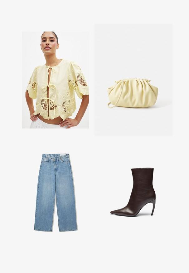 Hnedá umelá kožená bunda s vysokým golierom, plným zipsom a hladkou, lesklou textúrou. Má uvoľnený strih a dlhé rukávy.; Žltá vyšívaná blúzka s krátkymi pufovanými rukávmi, predným viazaním, zúbkovaným lemom a otvoreným čipkovaným detailom. Bavlnený materiál, ľahká textúra.; Svetlomodré široké džínsy vyrobené z denimu, s vysokým pásom, piatimi vreckami, zapínaním na gombík a jemným vyblednutím pre textúru.; Hnedá kožená členková obuv s špicatou špičkou, štíhlou siluetou a vysokým ihlovým podpätkom. Má hladkú textúru a minimalistický dizajn.; Žltá skladaná kabelka vyrobená z hladkej eko kože, s jemným tvarom, jedným ramenným popruhom a zhrnutým vrchom.