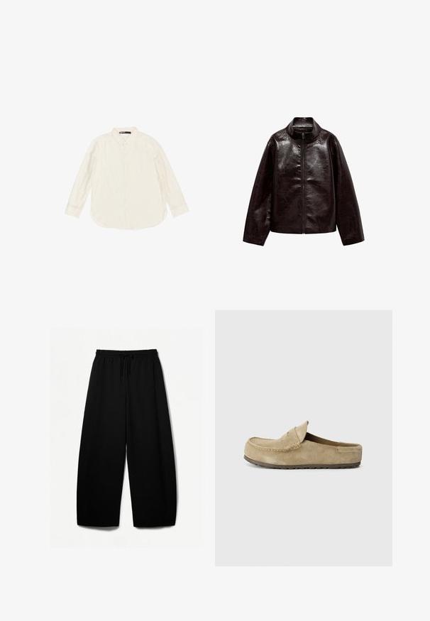 Rjava jakna iz umetnega usnja z visokim ovratnikom, popolnim zadrgo in gladko, sijočo teksturo. Ima sproščen kroj in dolge rokave.; Svetlo bež srajca z dolgimi rokavi in gumbi, izdelana iz mehkega materiala, z klasičnim ovratnikom in zaobljenim robom. Vidni gumbi po sprednji strani.; Črne široke hlače z elastičnim pasom in vrvico. Mehak material z gladko teksturo. Ravno krojene z bočnimi šivi.; Birkenstock NAPLES WRAPPED LEVE TAUPEN - REGULAR - Natikači - taupe
