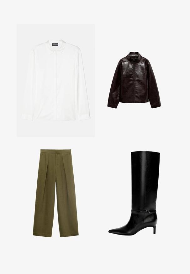 Bruine neplederen jas met een hoge kraag, volledige ritsluiting en een gladde, glanzende textuur. Beschikt over een ontspannen pasvorm en lange mouwen.; Witte lange mouwen shirt van gladde stof, met een klassieke kraag, knoopsluiting aan de voorkant en eenvoudige manchetten met een schoon, minimalistisch ontwerp.; Olijfgroene wijde broek gemaakt van gestructureerde stof, met geplooide voorkant en ritssluiting, met een rechte pasvorm en zonder zichtbare zakken.; Zwarte leren laarzen tot de knie met een spitse neus en een kleine hak. Voorzien van een smalle band met een metalen gesp rond de enkel. Effen textuur.