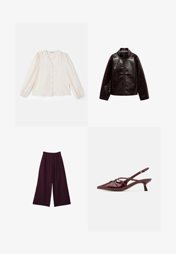 Braune Kunstlederjacke mit hohem Kragen, durchgehendem Reißverschluss und einer glatten, glänzenden Oberfläche. Hat einen lässigen Schnitt und lange Ärmel.; Elfenbeinfarbene Bluse mit langen Puffärmeln, V-Ausschnitt und Knopfverschluss vorne. Glattes Material, das einen lässigen Schnitt und geraffte Schulternaht aufweist.; Weite Hose aus tiefburgunderfarbener Stoff, mit Falten, hoher Taille und zwei seitlichen Taschen für Funktionalität und Stil.; Burgunderfarbenes patentiertes Leder Slingback-Schuhwerk mit spitzer Zehenform, kleinem Absatz, dekorativen Riemen und glänzender Oberfläche.