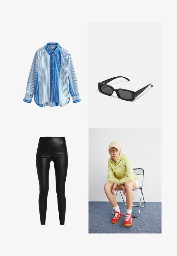 Rjava jakna iz umetnega usnja z visokim ovratnikom, popolnim zadrgo in gladko, sijočo teksturo. Ima sproščen kroj in dolge rokave.; Modra in bela prostrana srajca s kratkimi rokavi, sproščenega kroja, z enim žepom na prsih in kontrastnimi vzorci na rokavih in telesu.; Črne legice iz umetnega usnja z visokim pasom, prilegajočim se krojem, gladko teksturo ter brez vidnih šivov ali okrasitev.; Svjetlozeleni dukserica s logotipom, bijele kratke hlače, crvene patike s bijelim prugama, sjedi na krom stolici naslonjenoj na neutralnu pozadinu.; Črne pravokotne sončna očala z temnimi lečami, sijajna površina, široka ročaja in masiven okvir. Vgravirano ime blagovne znamke na eni ročaji.; Črna usnjena torba s ukrivljeno zasnovo, z zlatimi dodatki in zgornjim ročajem. Ima eleganten zapirni mehanizem in gladko teksturo.