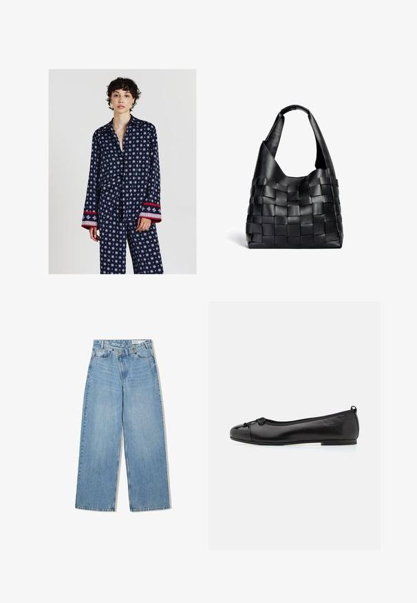 Braune Kunstlederjacke mit hohem Kragen, durchgehendem Reißverschluss und einer glatten, glänzenden Oberfläche. Hat einen lässigen Schnitt und lange Ärmel.; Calliope Hemdbluse - var blu notte; Hellblaue weite Jeans aus Denim, mit hoher Taille, fünf Taschen, Knopfverschluss und dezentem Verblassen für Textur.; Schwarze Lackleder-Ballerinas mit runder Zehenform, ausgestattet mit einer kleinen Schleifenapplikation vorne und einer gepolsterten Innensohle für zusätzlichen Komfort.; Schlichte schwarze Ledertasche mit geflochtenem Design, in lässiger Form und breitem Schulterriemen. Sie verfügt über eine strukturierte, verflochtene Optik mit glatter Oberfläche.