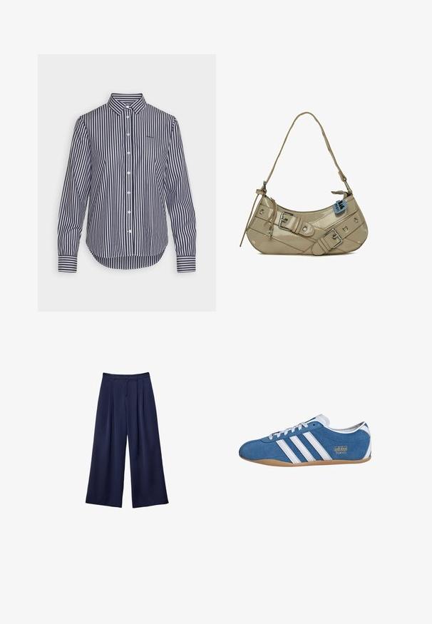 Brązowa kurtka z sztucznej skóry z wysokim kołnierzem, pełnym zamkiem błyskawicznym i gładką, błyszczącą teksturą. Posiada luźny krój i długie rękawy.; Granatowa i biała w paski koszula z długim rękawem z klasycznym kołnierzykiem, z zapięciem na guziki i kontrastowymi detalami przy mankietach. Miękka tkanina o gładkiej fakturze.; Koszulka w paski z czarno-białymi poziomymi paskami, okrągłym dekoltem i krótkimi rękawami. Wykonana z miękkiego, lekkiego materiału.; Granatowe spodnie typu wide-leg z plisami, zapinane w pasie na guziki, z szlufkami na pasek, pokazane na płasko na białym tle.; Niebieskie zamszowe sneakersy z białymi skórzanymi pasami, z okrągłym noskiem, gumową podeszwą i złotym napisem "adidas TOKYO" po boku.; Beżowa torebka z lakierowanej skóry w zakrzywionym kształcie, z regulowanym paskiem, srebrnymi elementami, dekoracyjnymi klamrami i okrągłymi ćwiekami.