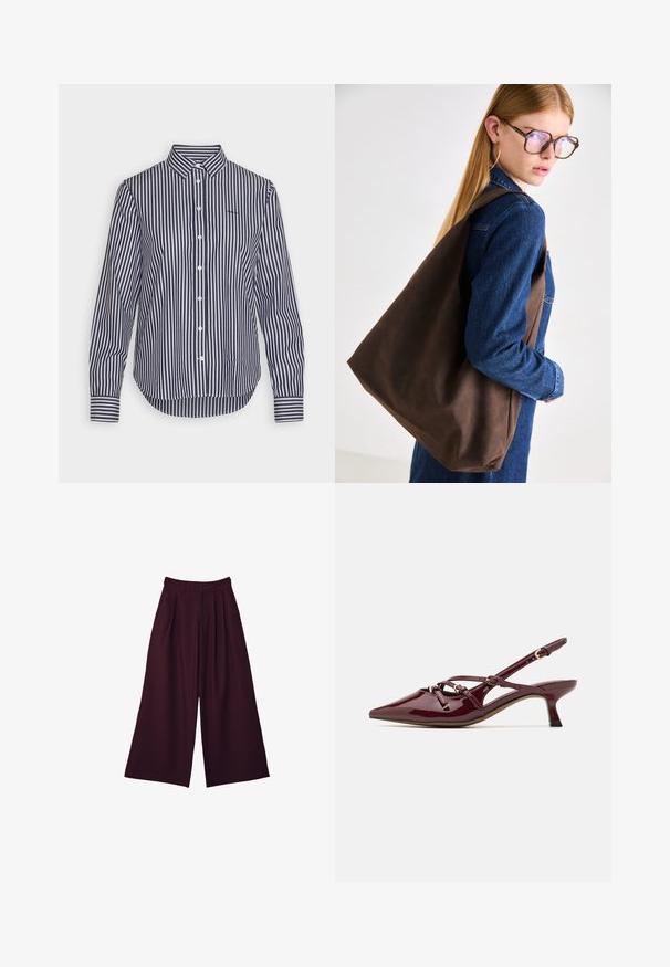 Brun faux læderjakke med høj krave, fuld lynlås lukning og en glat, blank overflade. Har en afslappet pasform og lange ærmer.; Mørkeblå og hvidstribet langærmet skjorte med klassisk krave, knaplukning og kontrastdetalje ved manchetterne. Blødt stof med en glat tekstur.; Vide benbukser i dyb burgunderrød stof med læg, høj talje og to sidelommer for både funktionalitet og stil.; Bordeaux patentlæder slingback sko med spids tå, lille hæl, dekorative stropdetaljer og en blank finish.; Brun læder tote taske med en blød tekstur, der har en rummelig design og en enkel skulderrem. Bruges med en blå denimjakke.