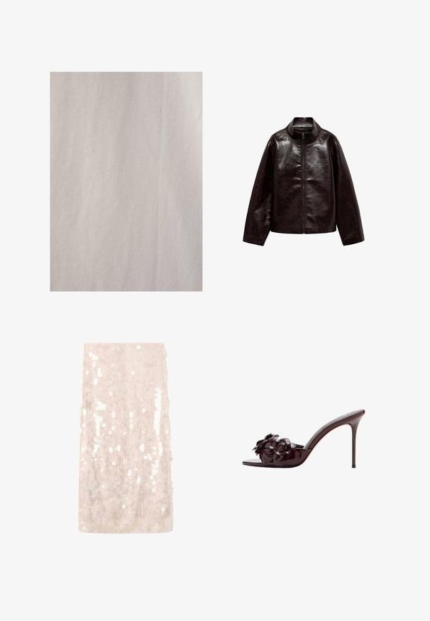 Brun faux læderjakke med høj krave, fuld lynlås lukning og en glat, blank overflade. Har en afslappet pasform og lange ærmer.; Touché Privé RIBBED - Skjortebluser - Beige; Rosa paillet nederdel med en tætsiddende silhuet. Har en glat tekstur og en subtil glans, prydet med spredte reflekterende cirkulære pailletter.; Højhælede sandaler i burgunderrød laklæder med en blomsterapplikation på stroppen og design med spidse tæer. Sofistikeret silhuet.