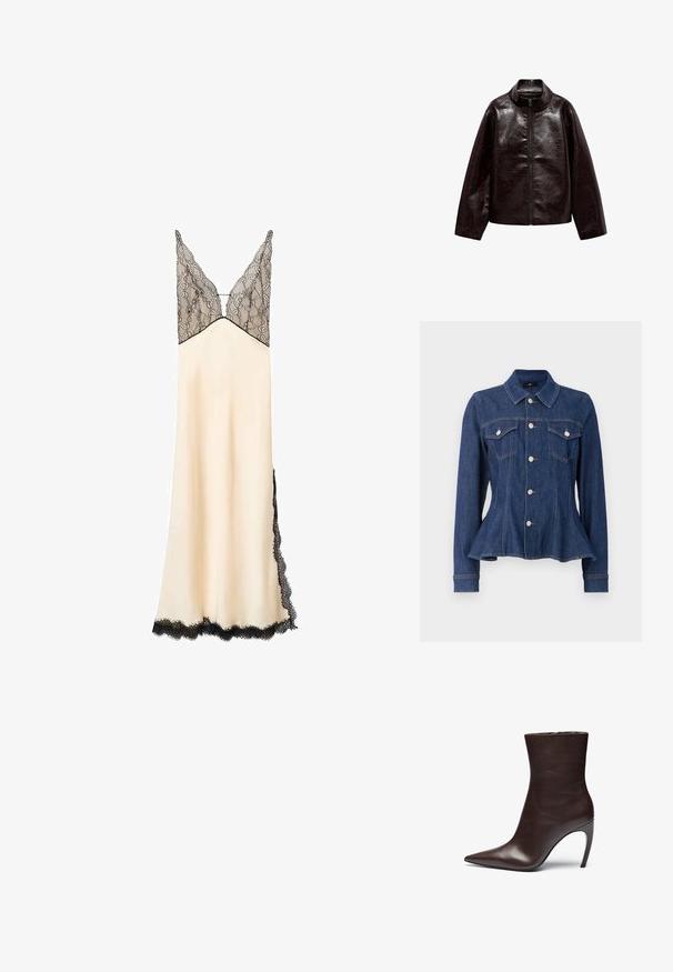 Smeđa jakna od umjetne kože s visokim ovratnikom, punim zatvaračem i glatkom, sjajnom teksturom. Ima slobodan kroj i duge rukave.; Tamno plavi traper jakna s uskim strukom, prednjim dugmadima, dva džepa na prsima i dugim rukavima. Ima uspravni ovratnik i suptilne šavove.; Satin spavaćica u boji krem s crnim čipkastim korzetom i obrubom. V-izrez i podesive naramenice. Dužine do poda s bočnim čipkastim detaljima.; Smešani kožni gležnjača smeđe boje s oštrim vrhom, vitkom siluetom i visokim štiklama. Ima glatku teksturu i minimalistički dizajn.; Crna kožna torba s zakrivljenim dizajnom, zlatnim detaljima i gornjom drškom. Ima elegantno zatvaranje i glatku teksturu.