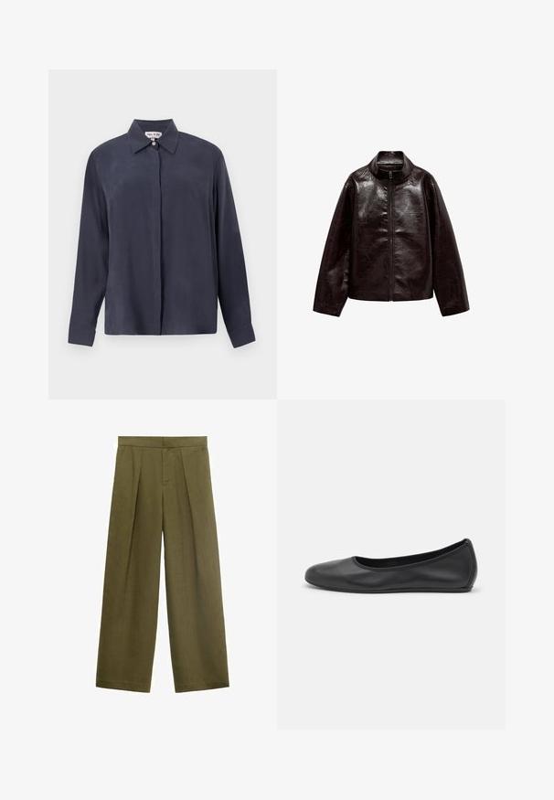 Chaqueta de imitación cuero marrón con cuello alto, cierre de cremallera completo y una textura suave y brillante. Presenta un corte relajado y mangas largas.; Camisa de manga larga en azul marino oscuro, hecha de una tela suave, con cuello clásico y cierre frontal de botones. Ajuste relajado con mangas con puños.; Pantalones de pierna ancha color verde oliva, fabricados en una tela texturizada, con pliegues en la parte delantera y cierre de cremallera, con un corte recto y sin bolsillos visibles.; Bailarina de piel negra con punta redondeada, textura suave, detalle de costura minimalista y diseño de suela flexible.