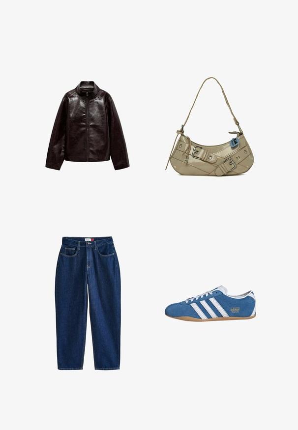 Brązowa kurtka z sztucznej skóry z wysokim kołnierzem, pełnym zamkiem błyskawicznym i gładką, błyszczącą teksturą. Posiada luźny krój i długie rękawy.; Koszulka w paski z czarno-białymi poziomymi paskami, okrągłym dekoltem i krótkimi rękawami. Wykonana z miękkiego, lekkiego materiału.; Granatowe dżinsy z prostymi nogawkami, pięcioma kieszeniami i widocznymi detalami szycia. Zapięcie na guziki w talii.; Niebieskie zamszowe sneakersy z białymi skórzanymi pasami, z okrągłym noskiem, gumową podeszwą i złotym napisem "adidas TOKYO" po boku.; Beżowa torebka z lakierowanej skóry w zakrzywionym kształcie, z regulowanym paskiem, srebrnymi elementami, dekoracyjnymi klamrami i okrągłymi ćwiekami.