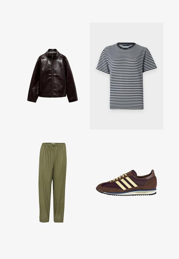 Brun faux læderjakke med høj krave, fuld lynlås lukning og en glat, blank overflade. Har en afslappet pasform og lange ærmer.; T-shirt med striber, der har sorte og hvide vandrette striber, rund halsudskæring og korte ærmer. Fremstillet af blødt, let materiale.; Olivenfarvede, letvægtige bukser med elastisk talje, snørebånd og tapered ankler. Glat tekstur med en blank finish.; Brune og bordeaux sneakers lavet af ruskind og mesh-materialer, med tre cremefarvede striber, tekstureret stof på tungen, og en gummisål.