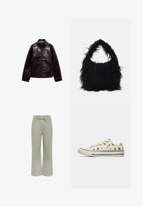 Bruine neplederen jas met een hoge kraag, volledige ritsluiting en een gladde, glanzende textuur. Beschikt over een ontspannen pasvorm en lange mouwen.; Zwarte kortekorte mouw t-shirt van gladde katoenen stof, met een ronde halslijn en een getailleerde pasvorm. Geen zichtbare patronen of accenten.; Gestreepte wijde pijpen broek in groen en wit, met een ceintuur, twee voorkruiden en een zachte stoftextuur.; Witte lage sneakers met kleurrijke kleine bloemenpatronen en witte veters, gezien vanuit de binnenkant op een effen achtergrond.; Even&Odd Shopper - black