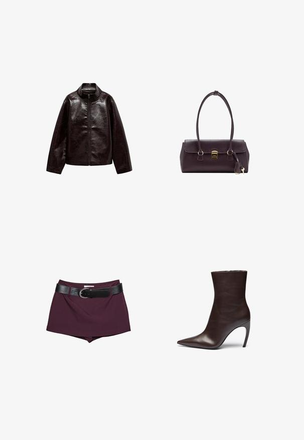 Smeđa jakna od umjetne kože s visokim ovratnikom, punim zatvaračem i glatkom, sjajnom teksturom. Ima slobodan kroj i duge rukave.; Burgundska majica dugih rukava s uskim krojem, okruglim izrezom i otvorima za palčeve, u kombinaciji s bijelim hlačama visokoga struka. Glatka tkanina i rastezljiv materijal.; Bordo kratke hlače s crnim kožnim remenom. Dizajn se odlikuje glatkom teksturom i prilagođenim oblikom, s širokim remenom koji se osigurava kopčom.; Smešani kožni gležnjača smeđe boje s oštrim vrhom, vitkom siluetom i visokim štiklama. Ima glatku teksturu i minimalistički dizajn.; Bordo kožna torba sa strukturiranim dizajnom, kratkim ručkama, zlatnim pravokutnim kopčanjem i odvojivim ukrasom u obliku rese.