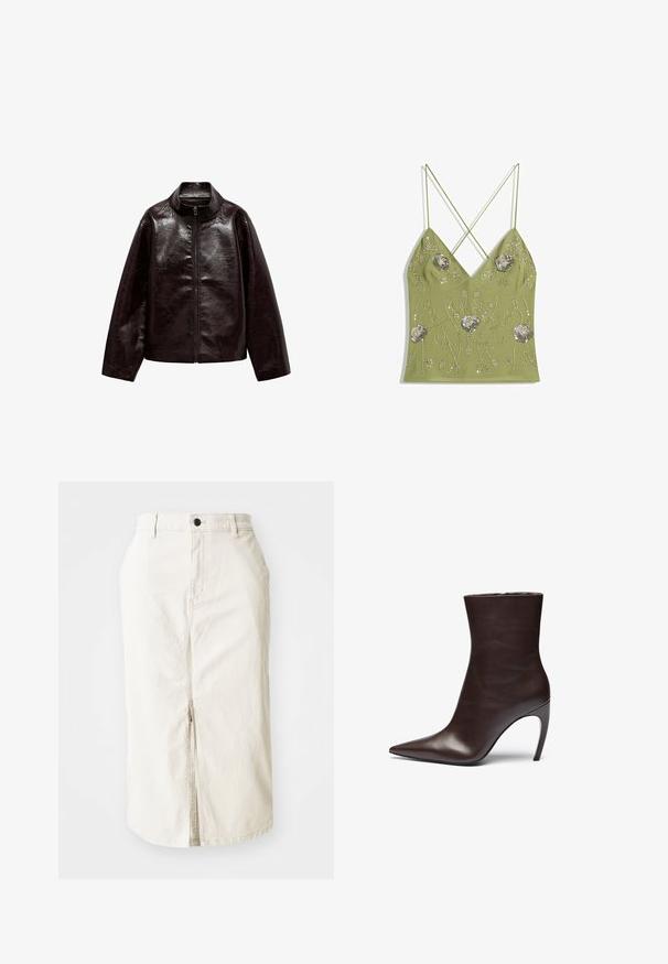 Rjava jakna iz umetnega usnja z visokim ovratnikom, popolnim zadrgo in gladko, sijočo teksturo. Ima sproščen kroj in dolge rokave.; Olivno zelena kamizola z V-izrezom, nastavljive križne naramnice, okrašena s srebrnim cvetličnim vezenjem in bisernimi detajli.; Bež krilo iz bombaža midi dolžine s sprednjim razporkom, zapiranjem na zgornji gumb in brez vidnih žepov. Ravno pasovanje in gladka tekstura.; Rjave usnjene gležnjarje s koničastim nosom, vitko silhueto in visokim stiletto peto. Imajo gladko teksturo in minimalističen dizajn.