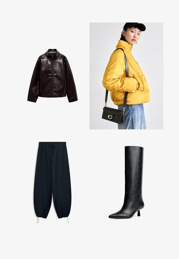 Hnědá koženka s vysokým límcem, plným zipem a hladkým, lesklým povrchem. Má uvolněný střih a dlouhé rukávy.; Jednoduché bílé tričko s krátkým rukávem a kulatým výstřihem, se černou etikou na límci, položené na bílé pozadí.; Černé tepláky vyrobené z měkkého materiálu, s elastickým páskem na stažení, zúženými kotníky a bočními kapsami.; Černá kozačka po kolena vyrobená z texturované kůže. Má špičatou špičku a malý, rozšířený podpatek. Elegantní, hladký design s minimálními akcenty.; Žlutá vyteplená bunda s vysokým límcem a přední kapsou, doplněná černou kabelkou přes rameno se zlatými detaily. K tomu casual džíny.
