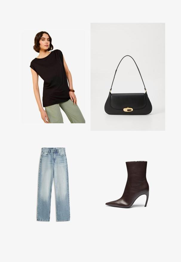 Jachetă din piele ecologică maro cu guler înalt, închidere cu fermoar complet și o textură netedă, lucioasă. Are un croi relaxat și mâneci lungi.; Top negru cu maneci scurte, cu o croială relaxată și guler rotund, asociat cu pantaloni largi de culoare verde deschis. Țesătură netedă cu un design minim.; Blugi din denim de culoare albastru deschis, cu talie înaltă, având un design cu picior drept. Prezintă un stil clasic cu cinci buzunare și o decolorare subtilă pe față.; Botină din piele maro, cu vârf ascuțit, siluetă subțire și toc stiletto înalt. Are o textură netedă și un design minimalist.; Geantă de mână din piele neagră, cu un design curbat, accesorii de culoare aurie și un mâner de sus. Dispune de o închidere elegantă și o textură netedă.