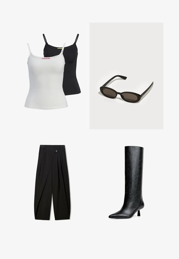 Brązowa kurtka z sztucznej skóry z wysokim kołnierzem, pełnym zamkiem błyskawicznym i gładką, błyszczącą teksturą. Posiada luźny krój i długie rękawy.; Dwie podstawowe topy na ramiączkach w kolorze czarnym i białym, wykonane z gładkiego, elastycznego materiału. Posiadają cienkie ramiączka oraz prosty, dopasowany krój.; Czarne spodnie szerokie z gładkiego materiału, z przodu z plisami, zapinane na guzik, zaprojektowane w zwężający sposób dla uzyskania zdefiniowanej sylwetki.; Czarne, wysokie botki do kolan wykonane z fakturowanej skóry. Mają spiczasty nosek i mały, rozszerzający się obcas. Elegancki, gładki design z minimalnymi akcentami.; Czarne okulary przeciwsłoneczne z oválnymi, półramkowymi soczewkami. Błyszczące oprawki i eleganckie zauszniki. Ciemne soczewki z minimalnymi detalami w hardware.