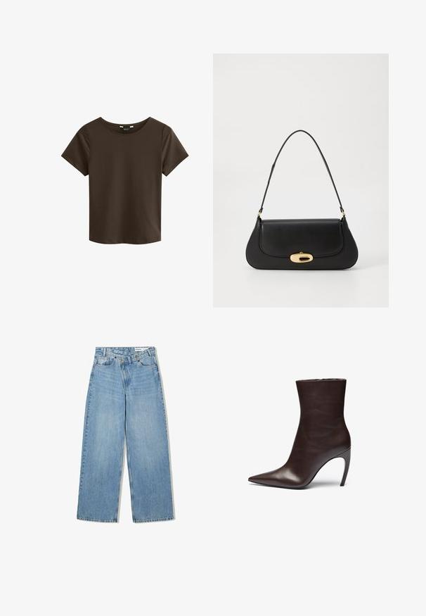 Smeđa jakna od umjetne kože s visokim ovratnikom, punim zatvaračem i glatkom, sjajnom teksturom. Ima slobodan kroj i duge rukave.; Smeđa majica kratkih rukava s okruglim izrezom, izrađena od mekane tkanine, s jednostavnim i neprimjetnim dizajnom bez vidljivih logotipa ili uzoraka.; Svijetloplave široke traperice od denima, s visokim strukom, pet džepova, zatvaranjem na gumb i suptilnim izbjeljivanjem za teksturu.; Smešani kožni gležnjača smeđe boje s oštrim vrhom, vitkom siluetom i visokim štiklama. Ima glatku teksturu i minimalistički dizajn.; Crna kožna torba s zakrivljenim dizajnom, zlatnim detaljima i gornjom drškom. Ima elegantno zatvaranje i glatku teksturu.