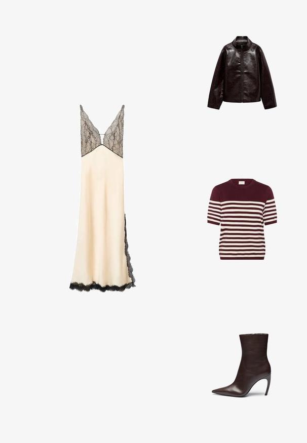 Giacca in finta pelle marrone con colletto alto, chiusura con cerniera completa e una superficie liscia e lucida. Presenta una vestibilità comoda e maniche lunghe.; Maglione a righe borgogna e crema con maniche corte, scollo rotondo e una morbida texture, caratterizzato da righe orizzontali distribuite uniformemente.; Vestito da notte in satin color crema con corpetto e rifiniture in pizzo nero. Scollatura a V e spalline regulate. Lunghezza fino al pavimento con dettagli in pizzo laterali.; Stivale alla caviglia in pelle marrone con punta affusolata, silhouette slanciata e tacco a stiletto alto. Presenta una texture liscia e un design minimalista.; Borsa a tracolla in pelle nera con design curvo, hardware color oro e manico superiore. Caratterizzata da una chiusura elegante e una superficie liscia.