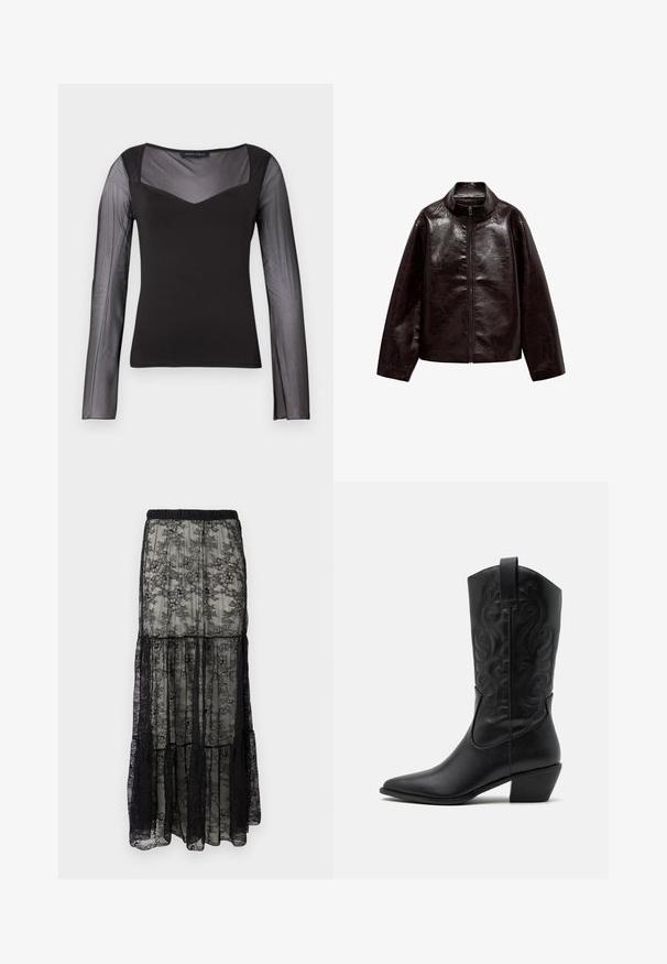 Brun faux læderjakke med høj krave, fuld lynlås lukning og en glat, blank overflade. Har en afslappet pasform og lange ærmer.; Sort langærmet top med gennemsigtige meshærmer og øverste bryst, solid krop, firkantet udskæring og tætsiddende silhuet.; Sort blonde maxi nederdel med lagdelt design, der har en elastisk talje og blomster mønstre. Materialet er gennemsigtigt med en blød overflade.; Sorte læder cowboystøvler med spids tå, præget svungen mønster og en mid-højde hæl. Har en trækflap for nemt at tage på.