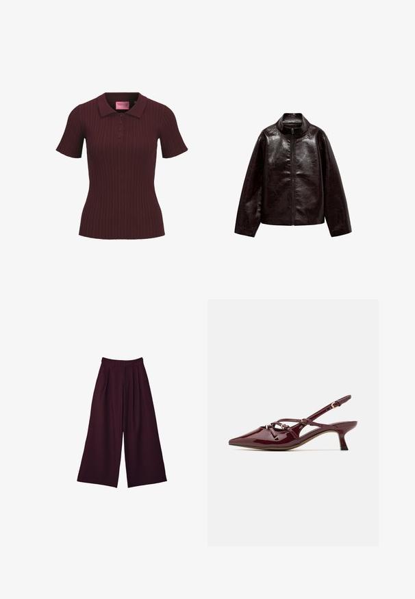 Rjava jakna iz umetnega usnja z visokim ovratnikom, popolnim zadrgo in gladko, sijočo teksturo. Ima sproščen kroj in dolge rokave.; Burgundijska kratka polo majica s rebrastim uzorkom, s četiri gumba i šiljastim ovratnikom, prilagođenog struka, te JJXX ružičastom oznakom unutar ovratnika.; Kratka karirana srajca v odtenkih barv burgundija in rjave, z gumbnimi zapenjanjem, ovratnikom in žepom na prsih. Mehka tkanina z dolgimi rokavi.; Široke hlače iz globoko burgundskega blaga, ki imajo nastavljene gube, visok pas in dve stranski žepi za uporabnost in stil.; Burgundska lakasta slingback obuća s špicastim nosom, malim petama, dekorativnim detaljima remena i sjajnim završetkom.