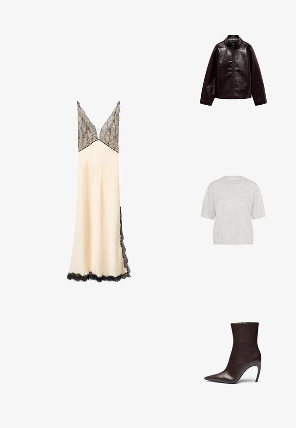 Giacca in finta pelle marrone con colletto alto, chiusura con cerniera completa e una superficie liscia e lucida. Presenta una vestibilità comoda e maniche lunghe.; Maglione grigio chiaro a maniche corte, colletto rotondo, tessuto morbido, vestibilità leggermente ampia, con un minimo motivo mélange e dettagli a coste sull'orlo.; Vestito da notte in satin color crema con corpetto e rifiniture in pizzo nero. Scollatura a V e spalline regulate. Lunghezza fino al pavimento con dettagli in pizzo laterali.; Stivale alla caviglia in pelle marrone con punta affusolata, silhouette slanciata e tacco a stiletto alto. Presenta una texture liscia e un design minimalista.; Borsa a tracolla in pelle nera con design curvo, hardware color oro e manico superiore. Caratterizzata da una chiusura elegante e una superficie liscia.