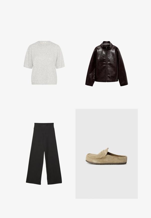 Hnedá umelá kožená bunda s vysokým golierom, plným zipsom a hladkou, lesklou textúrou. Má uvoľnený strih a dlhé rukávy.; Svetlošedý krátky rukáv sveter, okrúhly výstrih, mäkká textúra, mierne voľný strih, s minimálnym melírovaným vzorom a rebrovanými detailmi na leme.; Čierne nohavice s širokými nohavicami a vysokým elastickým pásom, vyrobené z mäkkého materiálu s voľným strihom, vhodné na neformálne nosenie alebo relaxačné prostredie.; Birkenstock NAPLES WRAPPED LEVE TAUPEN - REGULAR - Šľapky - taupe