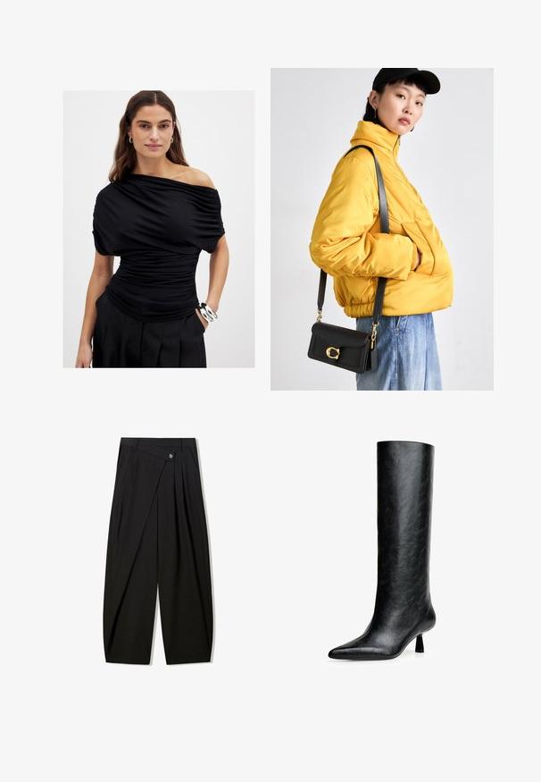 Brun faux læderjakke med høj krave, fuld lynlås lukning og en glat, blank overflade. Har en afslappet pasform og lange ærmer.; Sort off-shoulder top med draperet stof, der har en figursyet talje og korte ærmer. Glat tekstur med sammensamlinger foran.; Sorte brede bukser lavet af glat stof, med frontfolder, knaplukning og skræddersyet design for en struktureret silhuet.; Sort knæhøje støvler lavet af struktureret læder. Har en spids tå og en lille, udvidet hæl. Slankt, glat design med minimale accenter.; Gul polstret jakke med høj krave og frontlomme, parret med en sort crossover-taske med guldfarvet hardware. Casual denim bukser.