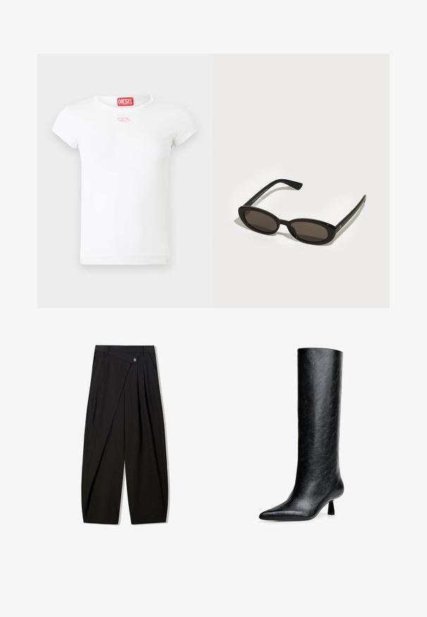 Brun faux læderjakke med høj krave, fuld lynlås lukning og en glat, blank overflade. Har en afslappet pasform og lange ærmer.; Hvid kortærmet Diesel dame t-shirt med rød logomærke indeni kraven og et lille pink broderet emblem under halsudskæringen.; Sorte brede bukser lavet af glat stof, med frontfolder, knaplukning og skræddersyet design for en struktureret silhuet.; Sort knæhøje støvler lavet af struktureret læder. Har en spids tå og en lille, udvidet hæl. Slankt, glat design med minimale accenter.; Sorte solbriller med ovale, semi-besluttede linser. Glansfulde stel og slanke arme. Mørkt tonede linser med minimale hardwaredetaljer.; Gul polstret jakke med høj krave og frontlomme, parret med en sort crossover-taske med guldfarvet hardware. Casual denim bukser.