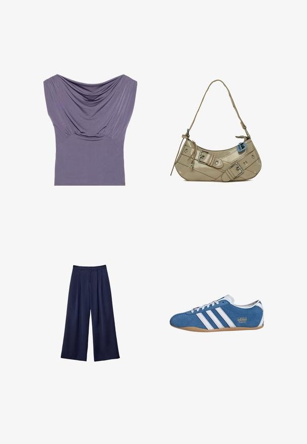 Ruskea tekonahkajakki korkealla kauluksella, täyspitkällä vetoketjulla ja sileällä, kiiltävällä pinnalla. Ominaisuuksiin kuuluu rento istuvuus ja pitkät hihat.; Violetti istuva toppi, jossa on roikkuva kaula-aukko, lyhyet hihat ja kerrostettu pinta, valmistettu pehmeästä, joustavasta kankaasta mukavuutta varten.; Tumma sininen leveälahkeinen housu, jossa on pleateja, napillinen vyötärö ja vyölenkit, esiteltynä litteänä valkoista taustaa vasten.; Sininen mokkanahkainen lenkkari, jossa on valkoiset nahkaviivat, pyöreä kärki, kumipohja ja kultainen "adidas TOKYO" -merkintä sivussa.; Vaaleanbeige kiiltävästä nahasta valmistettu käsilaukku, jossa on kaareva muoto, säädettävä olkahihna, hopeinen varustus, koristeelliset soljet ja pyöreät niitti-akkenteet.