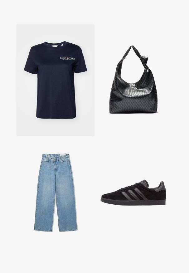 Hnedá umelá kožená bunda s vysokým golierom, plným zipsom a hladkou, lesklou textúrou. Má uvoľnený strih a dlhé rukávy.; Námornícky modré bavlnené tričko s krátkymi rukávmi, s okrúhlym výstrihom a potlačeným logom s nápisom "GANT 1949" na ľavom prsníku. Hladká textúra.; Svetlomodré široké džínsy vyrobené z denimu, s vysokým pásom, piatimi vreckami, zapínaním na gombík a jemným vyblednutím pre textúru.; Čierne semišové tenisky s textúrovanými gumovými podrážkami, s tromi čiernymi koženými pruhmi, zaoblenou špičkou a polstrovaným golierom na členku.; Čierna tkaná kožená kabelka s voľným dizajnom, vybavená uzlovou rukoväťou a malým dekoratívnym zlatým nýtom na vrchu.