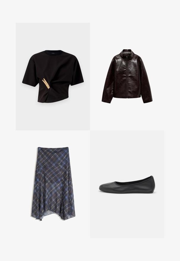 Brown faux leather jacket with a high collar, full zipper closure, and a smooth, glossy texture. Features relaxed fit and long sleeves.; Black cropped t-shirt with short sleeves, featuring a twisted design and a decorative yellow clothespin embellishment on the front.; Black plaid skirt featuring blue and brown lines, flowing design, mid-length, made from lightweight fabric with a smooth texture.; Black leather ballet flat with a rounded toe, smooth texture, minimal stitching detail, and a flexible sole design.