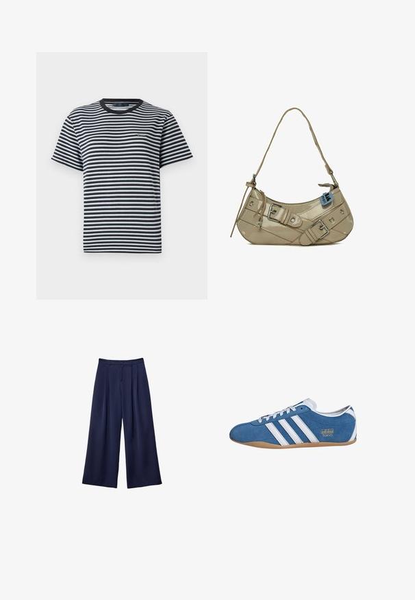 Ruskea tekonahkajakki korkealla kauluksella, täyspitkällä vetoketjulla ja sileällä, kiiltävällä pinnalla. Ominaisuuksiin kuuluu rento istuvuus ja pitkät hihat.; Raidallinen t-paita, jossa mustavalkoisia vaakasuoria raitoja, pyöreä kaula-aukko ja lyhyet hihat. Valmistettu pehmeästä ja kevyestä kankaasta.; Tumma sininen leveälahkeinen housu, jossa on pleateja, napillinen vyötärö ja vyölenkit, esiteltynä litteänä valkoista taustaa vasten.; Sininen mokkanahkainen lenkkari, jossa on valkoiset nahkaviivat, pyöreä kärki, kumipohja ja kultainen "adidas TOKYO" -merkintä sivussa.; Vaaleanbeige kiiltävästä nahasta valmistettu käsilaukku, jossa on kaareva muoto, säädettävä olkahihna, hopeinen varustus, koristeelliset soljet ja pyöreät niitti-akkenteet.