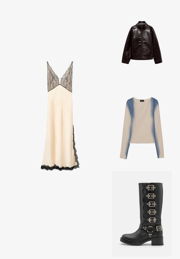 Bruine neplederen jas met een hoge kraag, volledige ritsluiting en een gladde, glanzende textuur. Beschikt over een ontspannen pasvorm en lange mouwen.; Langarmtop in lichtbeige, met een gradient blauw ontwerp. Glad textuur met een ronde halslijn en rechte zoom.; Satin nachtjurk in crème met een zwart kant lijfje en afwerking. V-hals en verstelbare bandjes. Vloerlengte met zijpanelen van kant.; Zwarte kniehoog laars van glad leer, met zes zilveren gespen, een brede band met een O-ring en een stevige blokhak.