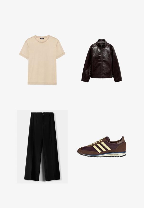 Giacca in finta pelle marrone con colletto alto, chiusura con cerniera completa e una superficie liscia e lucida. Presenta una vestibilità comoda e maniche lunghe.; T-shirt beige a maniche corte realizzato in tessuto morbido. Presenta un colletto rotondo e cuciture visibili lungo i bordi. Design semplice e minimalista.; Pantaloni neri a gamba larga realizzati in tessuto leggero, caratterizzati da una chiusura frontale con bottone e frontale piatto, con orli cuciti con precisione.; Sneaker marrone e bordeaux realizzato in materiali scamosciati e in rete, caratterizzato da tre strisce color crema, tessuto testurizzato sulla linguetta e suola in gomma.