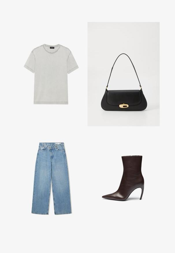 Hnědá koženka s vysokým límcem, plným zipem a hladkým, lesklým povrchem. Má uvolněný střih a dlouhé rukávy.; Světle šedé bavlněné tričko s kulatým výstřihem a krátkými rukávy, s čistými liniemi a minimálními švy.; Světlé modré široké džínové kalhoty vyrobené z denimu, s vysokým pasem, pěti kapsami, knoflíkovým zapínáním a jemným vyblednutím pro texturu.; Hnědé kožené kotníkové boty s špičatou špičkou, štíhlým siluetou a vysokým jehlovým podpatkem. Mají hladkou texturu a minimalistický design.; Černá kožená kabelka s zakřiveným designem, zlatými akcenty a horním uchem. Vybavena elegantním zavíráním a hladkým povrchem.