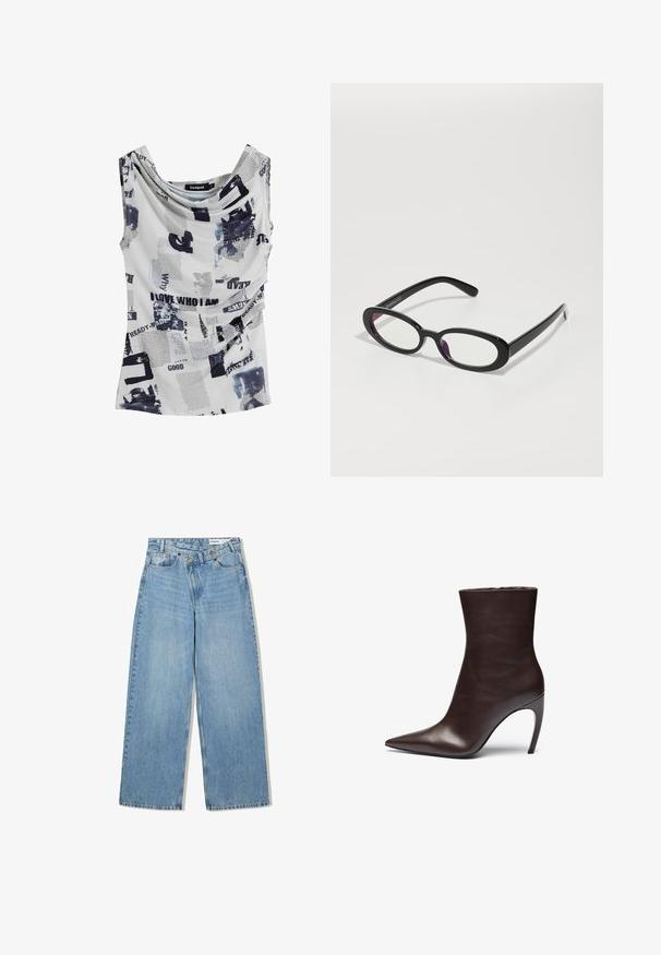 Hnedá umelá kožená bunda s vysokým golierom, plným zipsom a hladkou, lesklou textúrou. Má uvoľnený strih a dlhé rukávy.; Biely bezrukávový top s klesajúcim výstrihom, s kombináciou čierneho textu a abstraktných modrých vzorov. Mäkko, ľahký materiál.; Svetlomodré široké džínsy vyrobené z denimu, s vysokým pásom, piatimi vreckami, zapínaním na gombík a jemným vyblednutím pre textúru.; Hnedá kožená členková obuv s špicatou špičkou, štíhlou siluetou a vysokým ihlovým podpätkom. Má hladkú textúru a minimalistický dizajn.; Oválne čierne okuliare s priehľadnými šošovkami, s hladkým povrchom a širokými stranami. Šošovky majú jemný fialový odtieň. Logo na boku.; Čierna kožená kabelka s prehnutým dizajnom, zlatými kovovými detailmi a horným uchom. Má elegantné zatvorenie a hladký povrch.