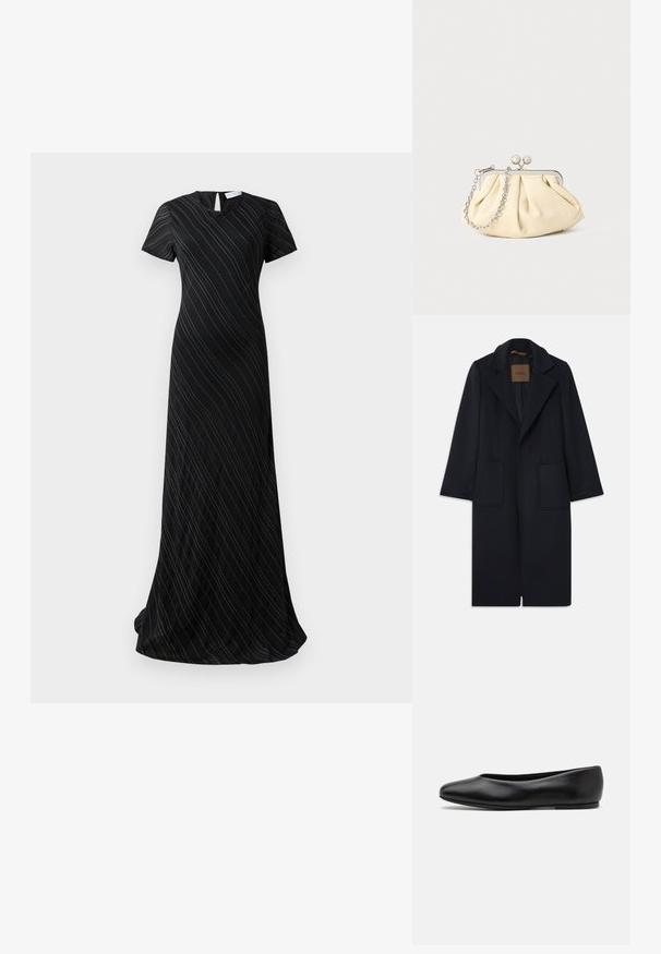 Námořnický vlněný kabát s přiléhavým siluetou, klopovými límci, dvěma předními kapsami a rovný střih. Hladká textura a minimalistické detaily.; Černé dlouhé šaty až na zem s krátkými rukávy, jemnými diagonálními proužky a malým výkrojem na zádech u hrdla.; Paul Smith TOPANGA - Klasické baleríny - black; Plisovaná béžová kožená kabelka na psaní s rámem ze stříbrného kovu, vybavená dvěma kulatými dekorativními uzávěry a stříbrným řetízkem.