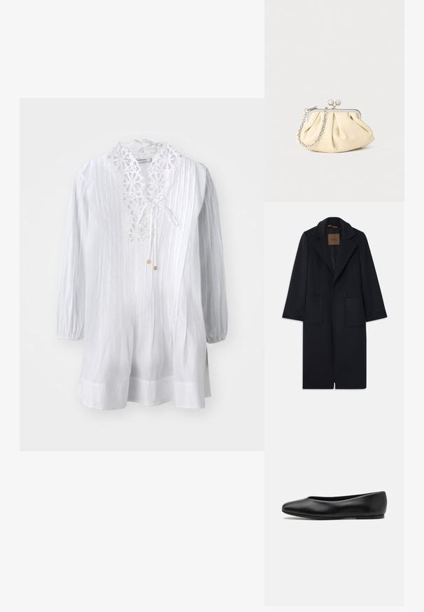 Manteau en laine marine avec une silhouette ajustée, revers crantés, deux poches avant et une coupe droite. Texture lisse et détails minimaux.; Blouse blanche avec un col en dentelle décoratif, des manches bouffantes longues et des rayures verticales. Comprend une fermeture à nouer et des accents dorés subtils.; Paul Smith TOPANGA - Ballerines - black; Pochette en cuir beige plissé avec un cadre en métal argenté, dotée de deux fermoirs ronds décoratifs et d'une chaîne en argent.