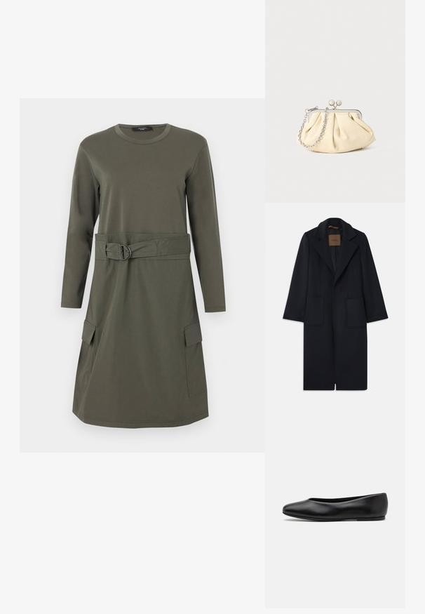 Mornarsko plašč iz volne s krojem, ki poudari postavo, z zareznimi reverji, dvema sprednjima žepoma in ravnim krojem. Gladka tekstura in minimalne podrobnosti.; Dolge rokavice obleke iz olivno zelene tkanine s okroglo izrezom, pasom in dvema sprednjima žepe. Gladka tekstura in srednja dolžina.; Paul Smith TOPANGA - Balerinke - black; Zavihani bež usnjeni nahrbtnik s srebrnim kovinskim okvirom, ki ima dve okrogli okrasni zaponki in srebrno verižico.