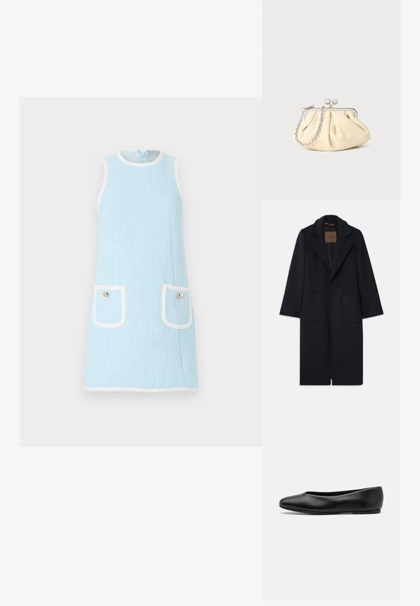 Mornarska vuna jakna s krojem po mjeri, s izrezanim reverima, dva prednja džepa i ravnim krojem. Glatka tekstura i minimalni detalji.; Svijetloplava haljina bez rukava izrađena od teksturirane tkanine, s bijelim obrubom, dva džepa na prsima i okruglim detaljima od zlatnog dugmeta.; Paul Smith TOPANGA - Balerinke - black; Nabrana bež kožna torbica s srebrnim metalnim okvirom, koja sadrži dva okrugla dekorativna kopčanja i srebrnu lančanu naramenicu.
