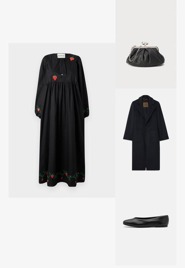 Marineblå uldfrakke med skræddersyet silhuet, spidse klapper, to lommer foran og lige skæring. Glat tekstur og minimalistisk detaljering.; Sort bomulds-maxikjole med lange puffede ærmer, en samlet talje og rød jordbærbroderi langs brystet og kanten.; Paul Smith TOPANGA - Ballerinasko - black; Sort læder clutch med samlet tekstur, sølvfarvet metalramme, kys-lås lukning og kædestrop. Glat, blød overflade.