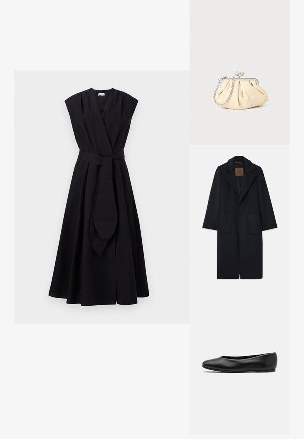 Navy wool coat with a tailored silhouette, notched lapels, two front pockets, and a straight cut. Smooth texture and minimal detailing.; Marella OSSOLA - Day dress - nero; Paul Smith TOPANGA - Ballet pumps - black; Pleated beige leather clutch with a silver metal frame, featuring two round decorative clasps and a silver chain strap.