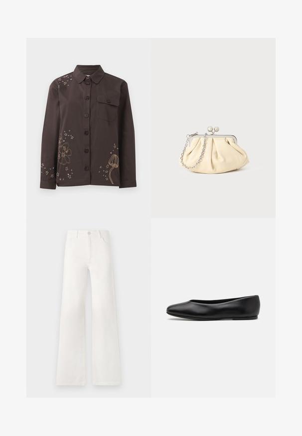 Marineblauer Wollmantel mit taillierter Silhouette, schmalen Revers, zwei vorderen Taschen und geradem Schnitt. Glatte Textur und minimale Details.; Beige gestrickter Pullover mit einem halbseitigen Reißverschlusskragen, gerippter Textur und langen Ärmeln. Hat eine verkürzte Passform und einen weichen, warmen Stoff.; Braunes Hemd mit Knopfverschluss und Kragen, das mit floralen und sternförmigen Stickereien in Gold und Blau verziert ist, sowie einer linken Brusttasche. Aus Baumwollmaterial.; Weiße, hoch taillierte, weite Jeans aus Denim. Verfügt über einen Knopfverschluss, zwei Fronttaschen und Seitennähte mit Stickdetails.; Paul Smith TOPANGA - Klassischer Ballerina - black; Faltige beigefarbene Ledertasche mit einem silbernen Metallrahmen, ausgestattet mit zwei runden dekorativen Verschlüssen und einem silbernen Kettenriemen.