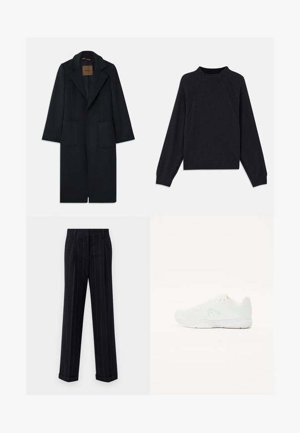 Navy wool coat with a tailored silhouette, notched lapels, two front pockets, and a straight cut. Smooth texture and minimal detailing.; Dark navy sweater with a round neckline, long raglan sleeves, ribbed cuffs, and a straight hem. Made from a soft, textured knit material.; Black pinstriped trousers with a tailored fit, featuring a cuffed hem and front pleats. Made of smooth fabric with a structured design.; White athletic shoe featuring a mesh upper, lace-up design, rounded toe, and a textured rubber sole with minimal branding.