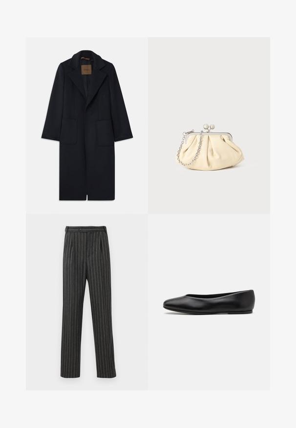 Manteau en laine marine avec une silhouette ajustée, revers crantés, deux poches avant et une coupe droite. Texture lisse et détails minimaux.; Pull en marine foncé avec un col rond, des manches raglan longues, des poignets côtelés et un ourlet droit. Fabriqué en un matériau tricoté doux et texturé.; Pantalons rayés gris en tissu tissé. Dotés d'une taille haute, de plis avant et d'une coupe droite. Fermeture à bouton standard.; Paul Smith TOPANGA - Ballerines - black; Pochette en cuir beige plissé avec un cadre en métal argenté, dotée de deux fermoirs ronds décoratifs et d'une chaîne en argent.