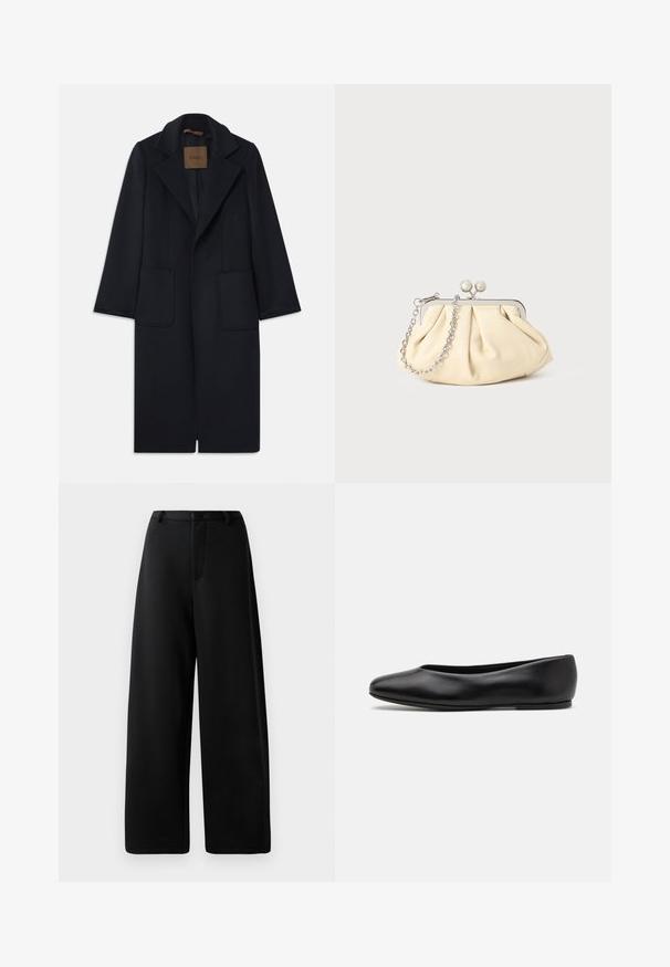 Marineblauer Wollmantel mit taillierter Silhouette, schmalen Revers, zwei vorderen Taschen und geradem Schnitt. Glatte Textur und minimale Details.; Dunkelblauer Pullover mit rundem Ausschnitt, langen Raglanärmeln, gerippten Bündchen und geradem Saum. Hergestellt aus einem weichen, strukturierten Strickmaterial.; Schwarze weit geschnittene Hosen aus glattem Stoff, mit flachem Bund, Gürtelschlaufen und Reißverschluss; keine sichtbaren Taschen oder Hardwaredetails.; Paul Smith TOPANGA - Klassischer Ballerina - black; Faltige beigefarbene Ledertasche mit einem silbernen Metallrahmen, ausgestattet mit zwei runden dekorativen Verschlüssen und einem silbernen Kettenriemen.