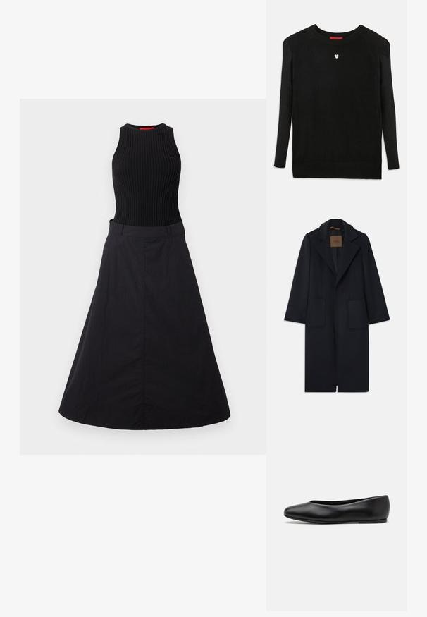Navy wool coat with a tailored silhouette, notched lapels, two front pockets, and a straight cut. Smooth texture and minimal detailing.; Black knit sweater with long sleeves, crew neckline, and a small white heart on the chest. Soft texture and ribbed cuffs and hem.; Black dress featuring a ribbed sleeveless bodice and a flowing skirt. The fabric has a smooth texture with a subtle sheen.; Paul Smith TOPANGA - Ballet pumps - black