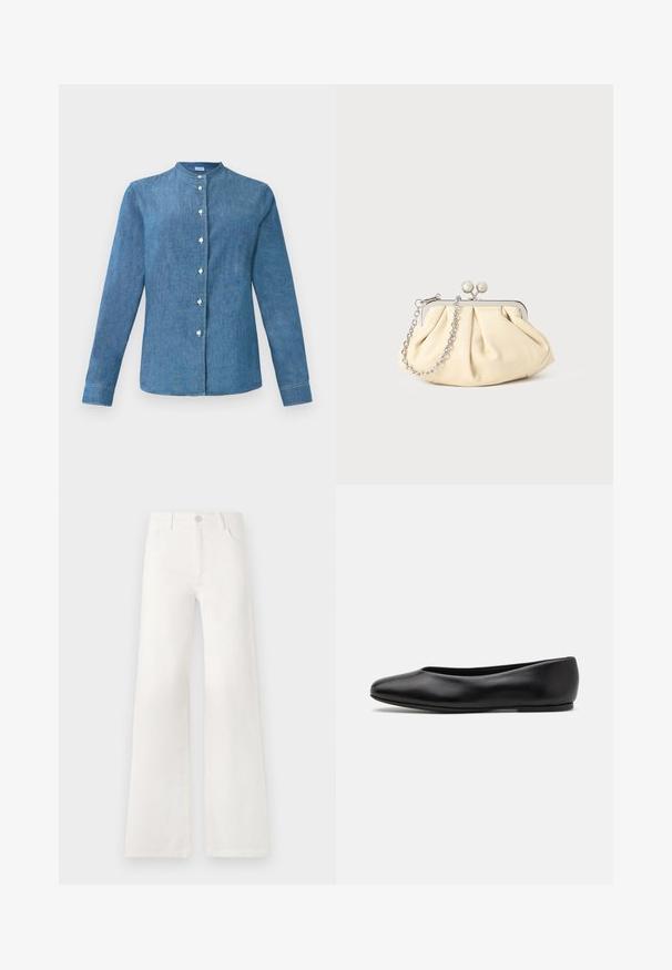 Marineblauer Wollmantel mit taillierter Silhouette, schmalen Revers, zwei vorderen Taschen und geradem Schnitt. Glatte Textur und minimale Details.; Schwarzer Strickpullover mit langen Ärmeln, Rundhalsausschnitt und einem kleinen weißen Herz auf der Brust. Weiche Textur sowie gerippte Bündchen und Saum.; Blaue Denim-Hemd mit langen Ärmeln, Stehkragen und weißen Knöpfen auf der Vorderseite.; Weiße, hoch taillierte, weite Jeans aus Denim. Verfügt über einen Knopfverschluss, zwei Fronttaschen und Seitennähte mit Stickdetails.; Paul Smith TOPANGA - Klassischer Ballerina - black; Faltige beigefarbene Ledertasche mit einem silbernen Metallrahmen, ausgestattet mit zwei runden dekorativen Verschlüssen und einem silbernen Kettenriemen.